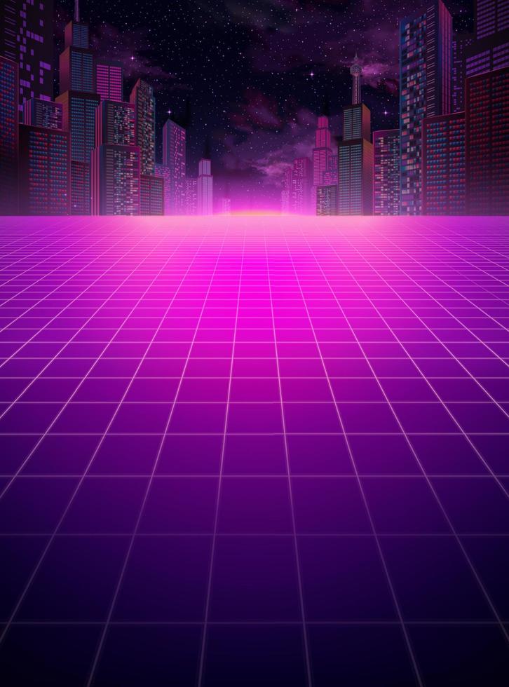 cyberpunk urbano notte scena con griglia pavimento copyspace nel viola tono vettore