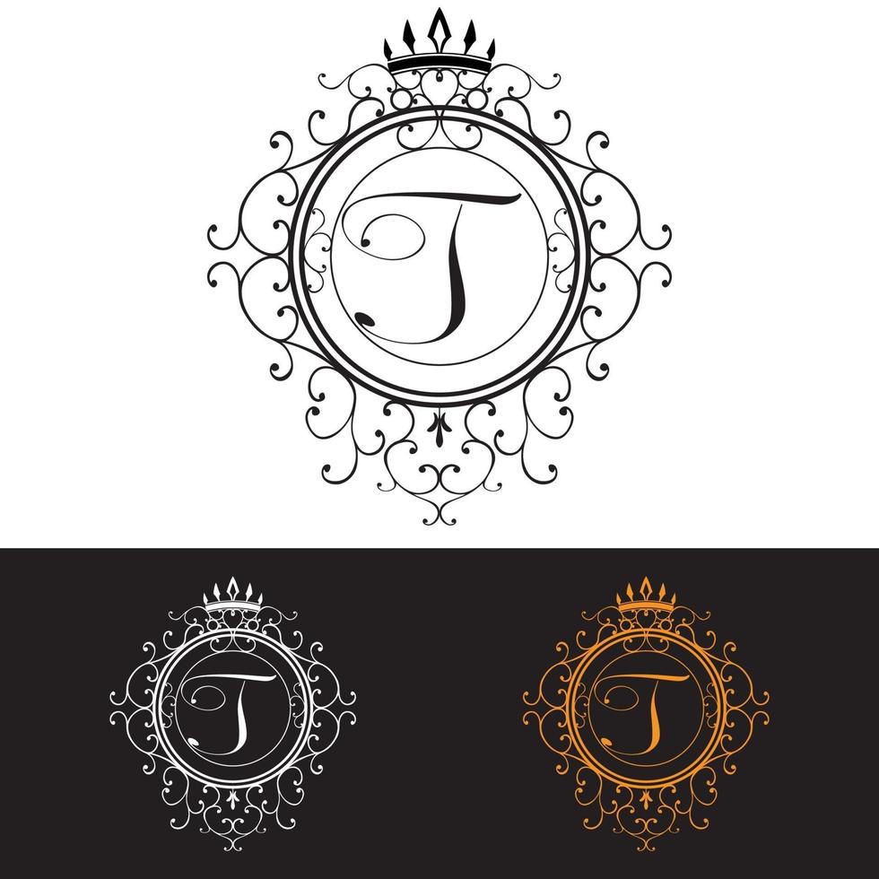 lettera t. il modello di logo di lusso fiorisce le linee eleganti calligrafiche dell'ornamento, illustrazione di vettore