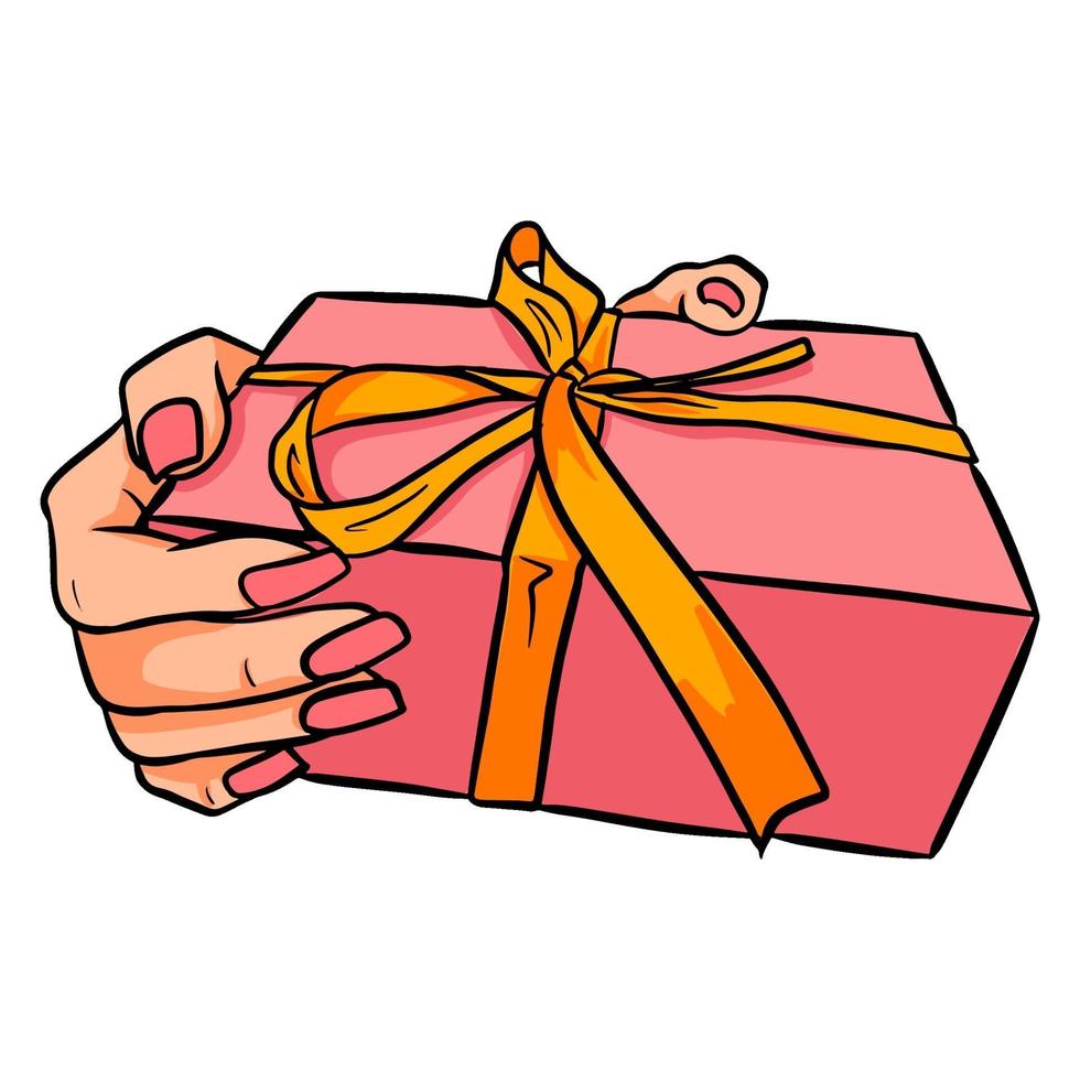 regalo in mano. un regalo in un pacchetto festivo. stile cartone animato. vettore