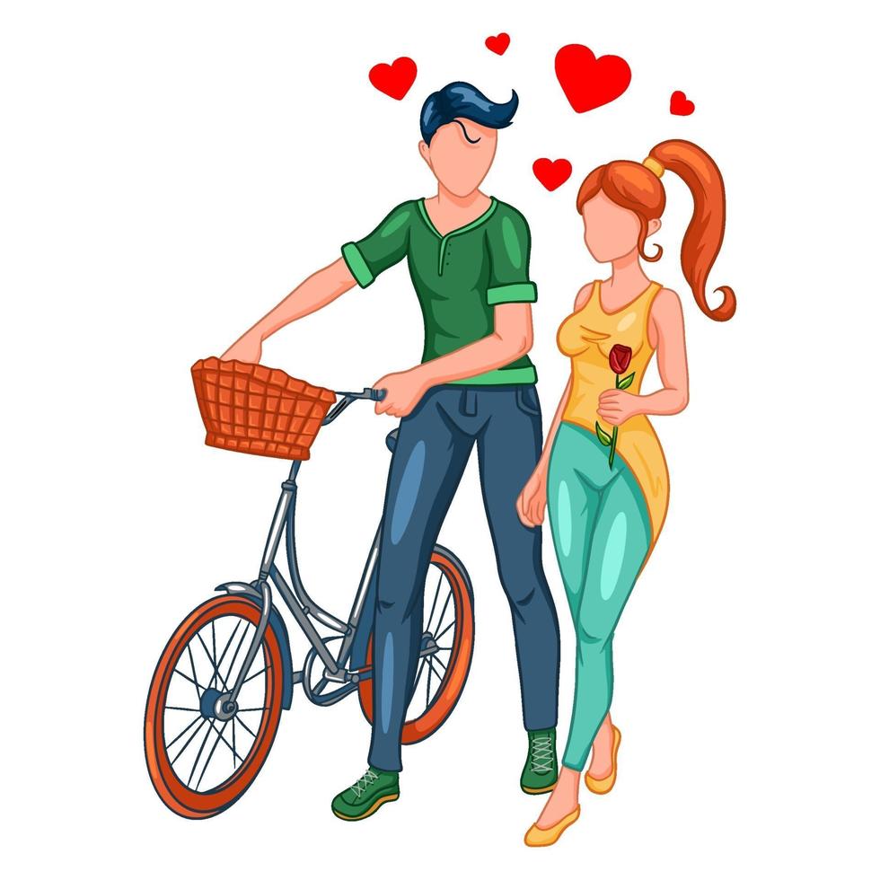 una coppia di innamorati in una passeggiata con una bicicletta. vettore