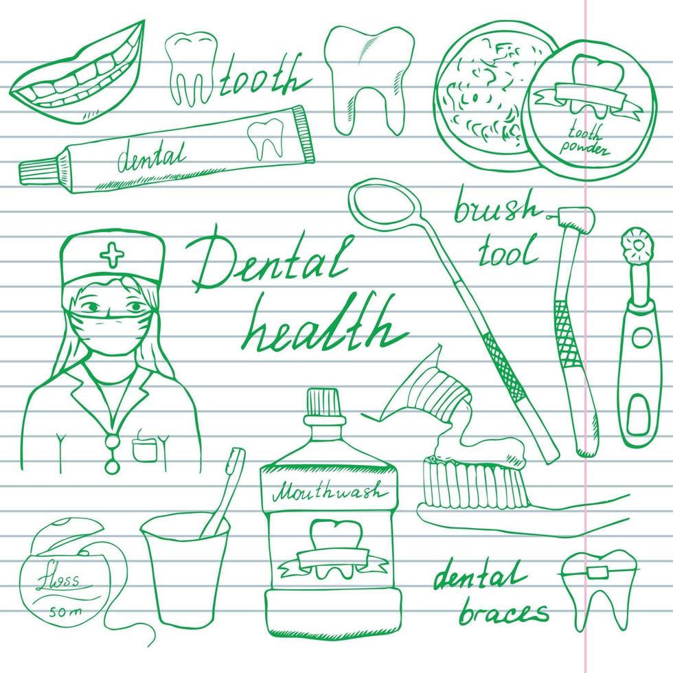 set di icone di scarabocchi di salute dentale. schizzo disegnato a mano con i denti, dentifricio spazzolino da denti dentista collutorio e filo interdentale. illustrazione vettoriale isolato