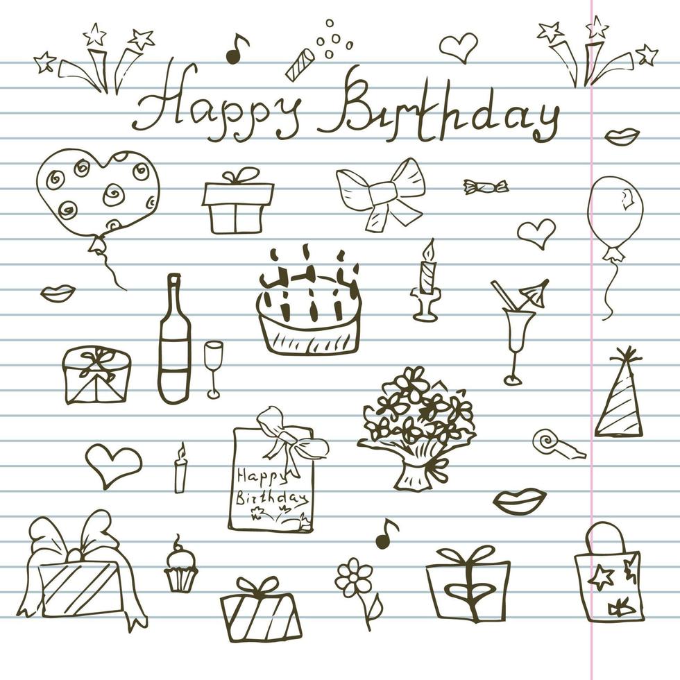 elementi di compleanno. set disegnato a mano con torta di compleanno, palloncini, regali e attributi festivi. bambini disegno collezione doodle, isolato su sfondo bianco vettore