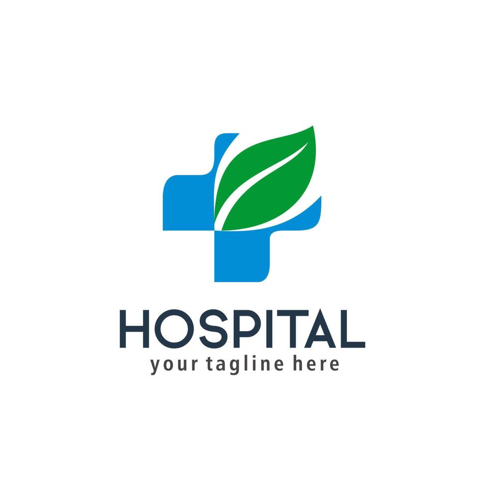 Salute logo design per Ospedale, clinica, farmacia, o Salute prodotti e attività commerciale azienda, con decorativo attraversare forma e foglia forma su superiore, verde colore vettore