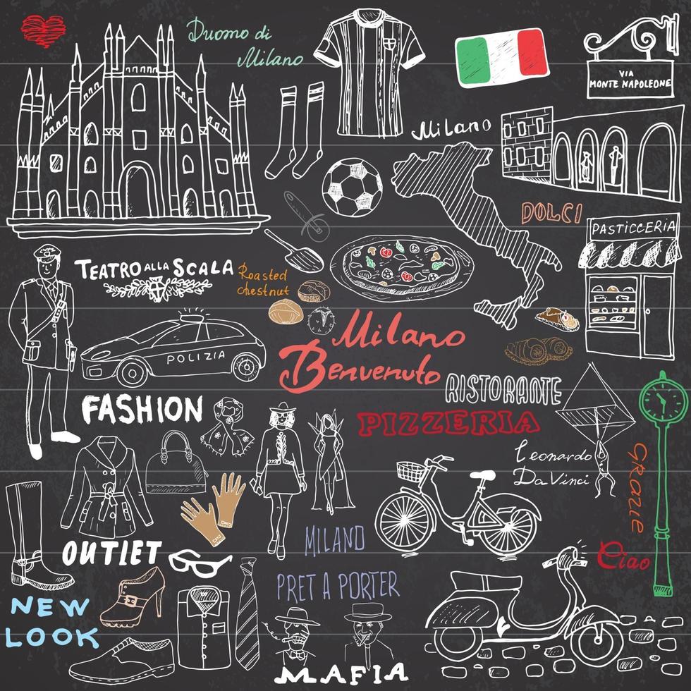 elementi di schizzo di milano italia. set disegnato a mano con cattedrale del duomo, bandiera, mappa, scarpe, articoli di moda, pizza, via dello shopping, trasporti e cibo tradizionale. disegno collezione doodle, sulla lavagna vettore