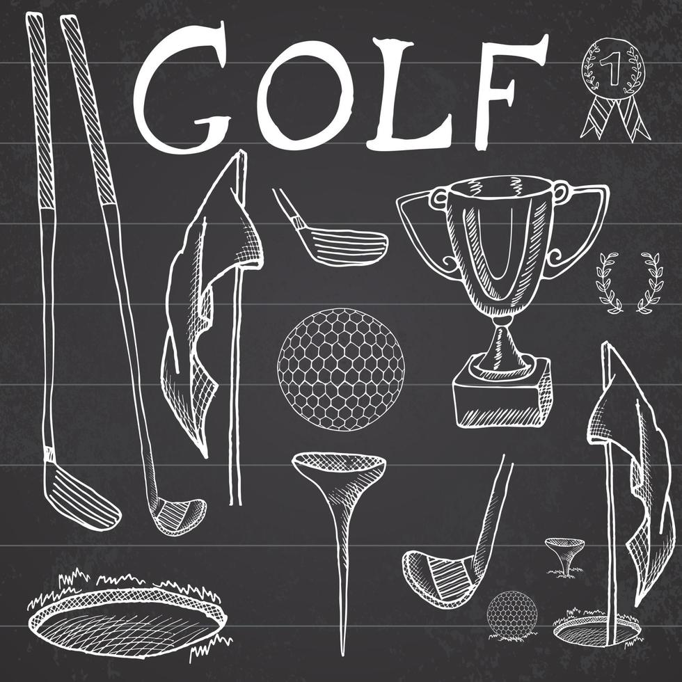 schizzo disegnato a mano di sport di golf imposta illustrazione vettoriale con mazze da golf, palla, tee, buco con bandiera e coppa del premio, disegnando la raccolta di elementi scarabocchi, su sfondo lavagna