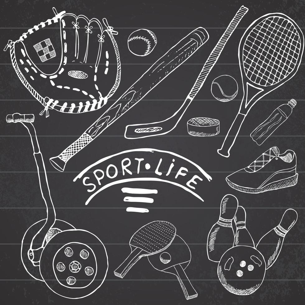 schizzo di sport doodles elementi. set disegnato a mano con mazza da baseball e guanto, segway bowlong, articoli da tennis hokkey, disegno collezione doodle, isolato su sfondo bianco. vettore