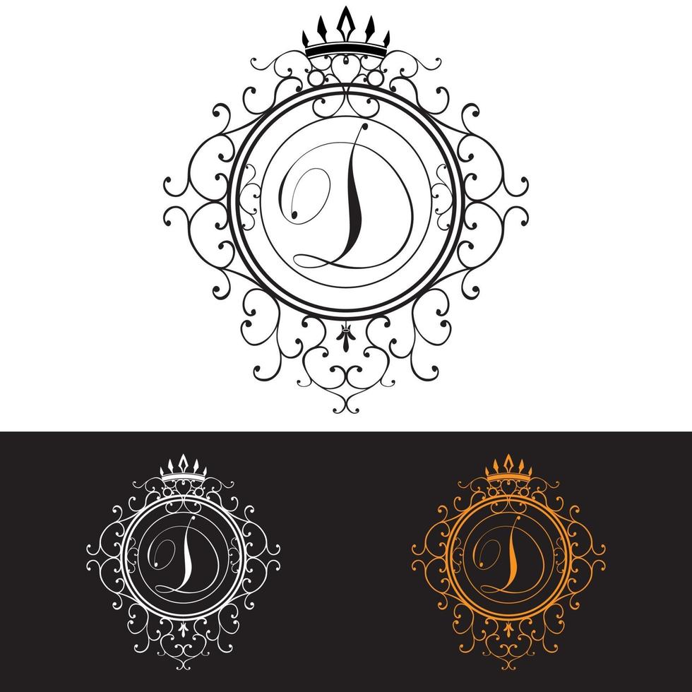 lettera d. il modello di logo di lusso fiorisce le linee eleganti calligrafiche dell'ornamento, illustrazione di vettore