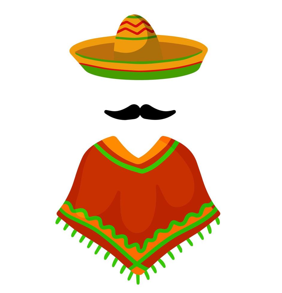 poncho. rosso e arancia messicano mantello. nazionale vestire. latino costume. sombrero cappello e baffi. piatto cartone animato isolato su bianca vettore