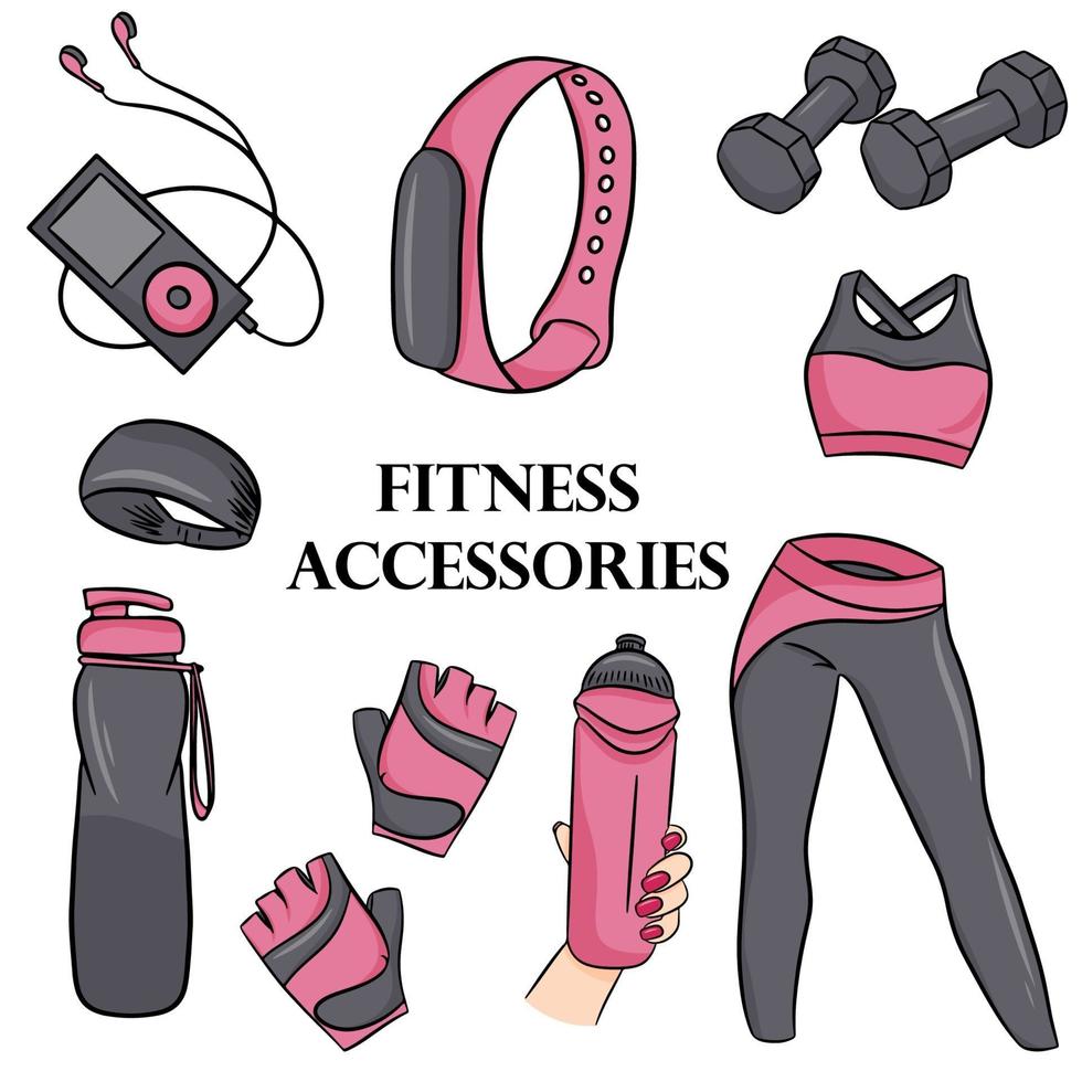 set vettoriale di accessori per il fitness in stile cartone animato. illustrazione vettoriale isolato su uno sfondo bianco.