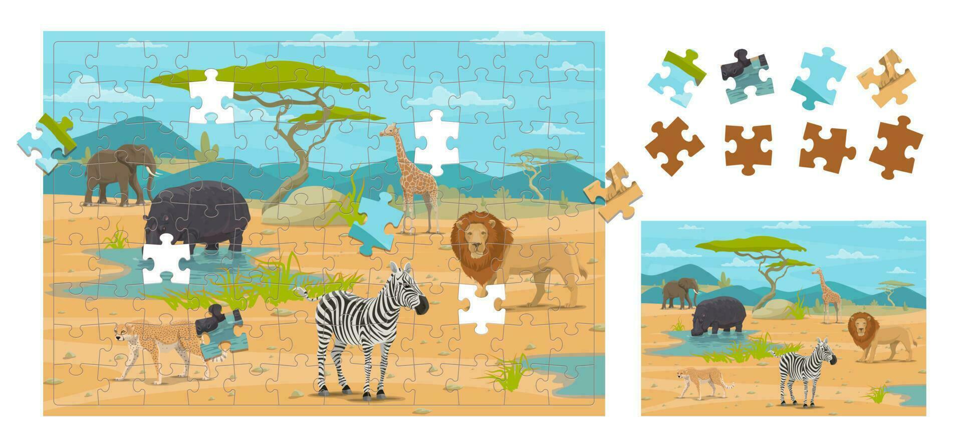 cartone animato africano animali. sega puzzle gioco pezzi vettore