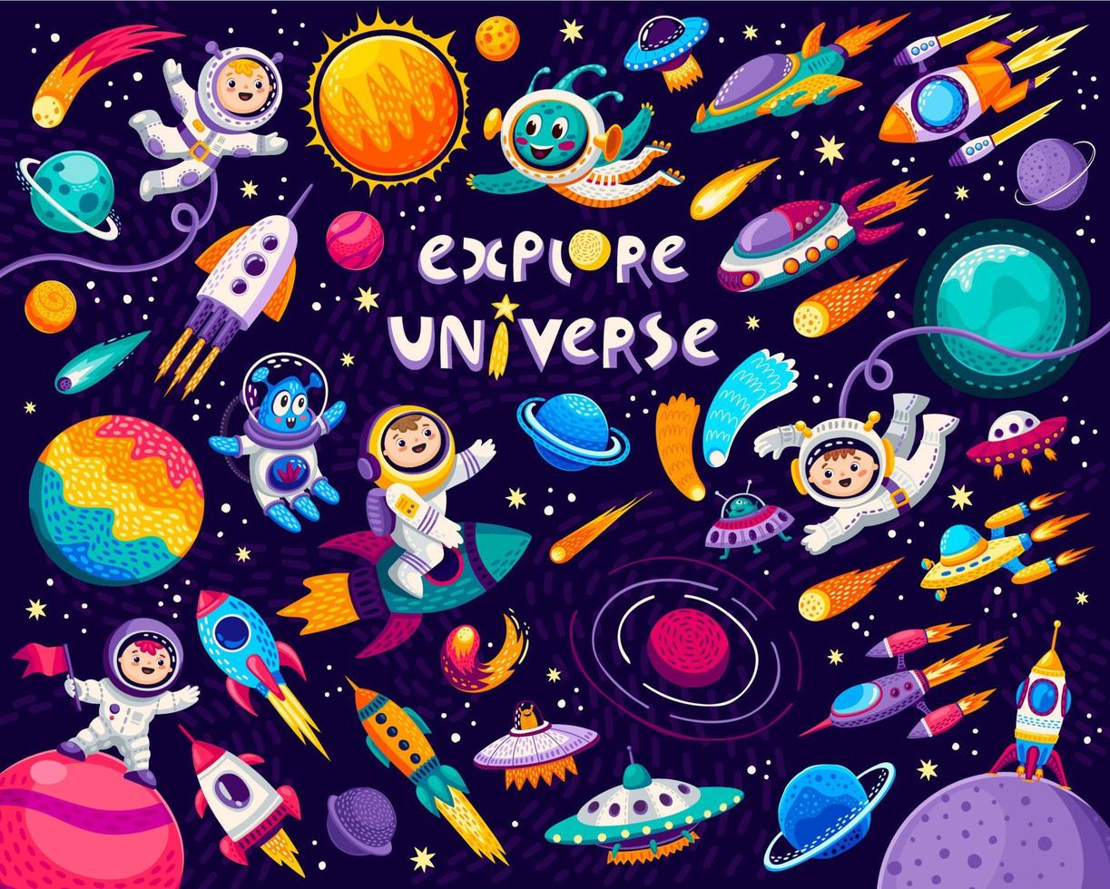 cartone animato bambini spazio e galassia, astronauti, pianeti vettore