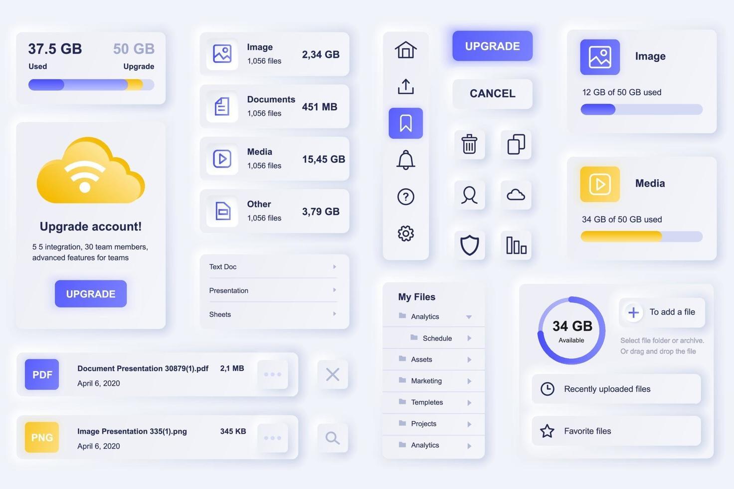 elementi dell'interfaccia utente per il modello di elementi dell'interfaccia utente di design neumorfico di app mobile di tecnologia cloud vettore