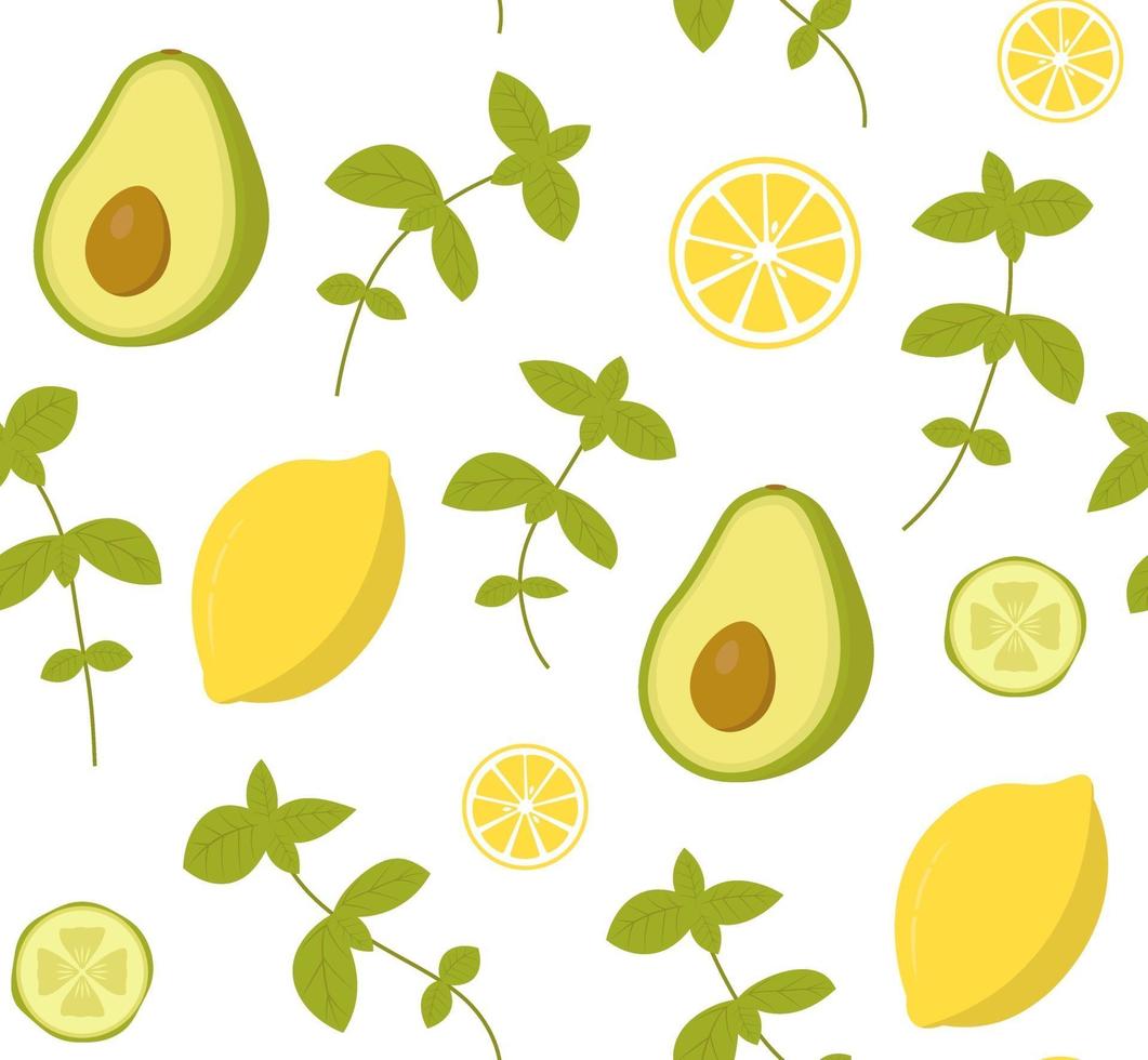 Vector seamless pattern con avocado, cetriolo, limone e basilico. perfetto per carta da parati, sfondo, carta da imballaggio o tessuto. verdure, frutta ed erbe aromatiche su sfondo bianco.