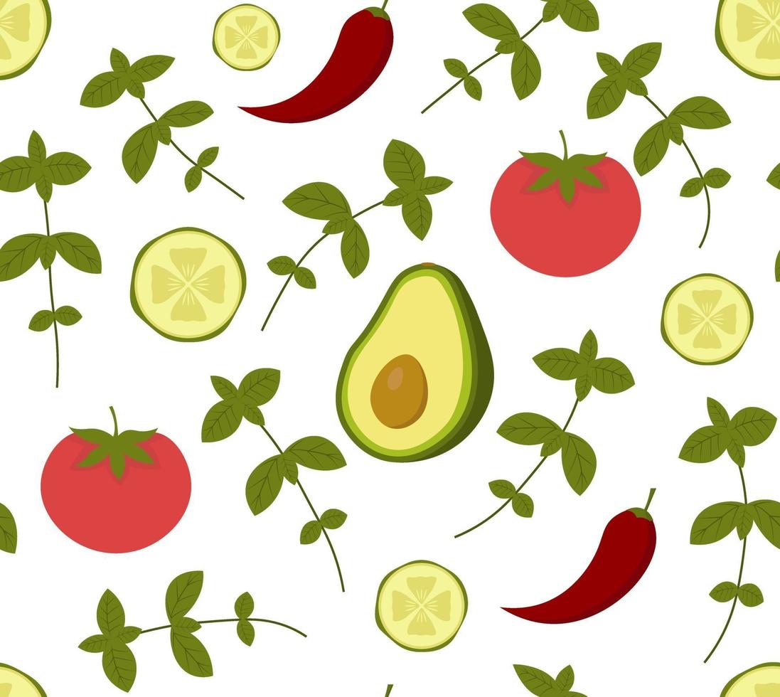 Vector seamless con avocado, cetriolo, pomodoro, peperoncino e basilico. perfetto per carta da parati, sfondo, carta da imballaggio o tessuto. verdure ed erbe verdi e rosse su sfondo bianco.