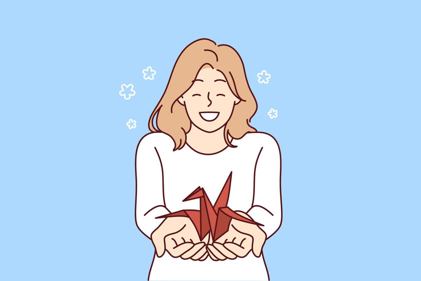 donna con origami gru nel palme vuole per disegnare Attenzione per problema di natura e estinzione di animali a partire dal rosso libro. positivo sorridente ragazza Tenere origami uccello per creativo passatempo concetto vettore