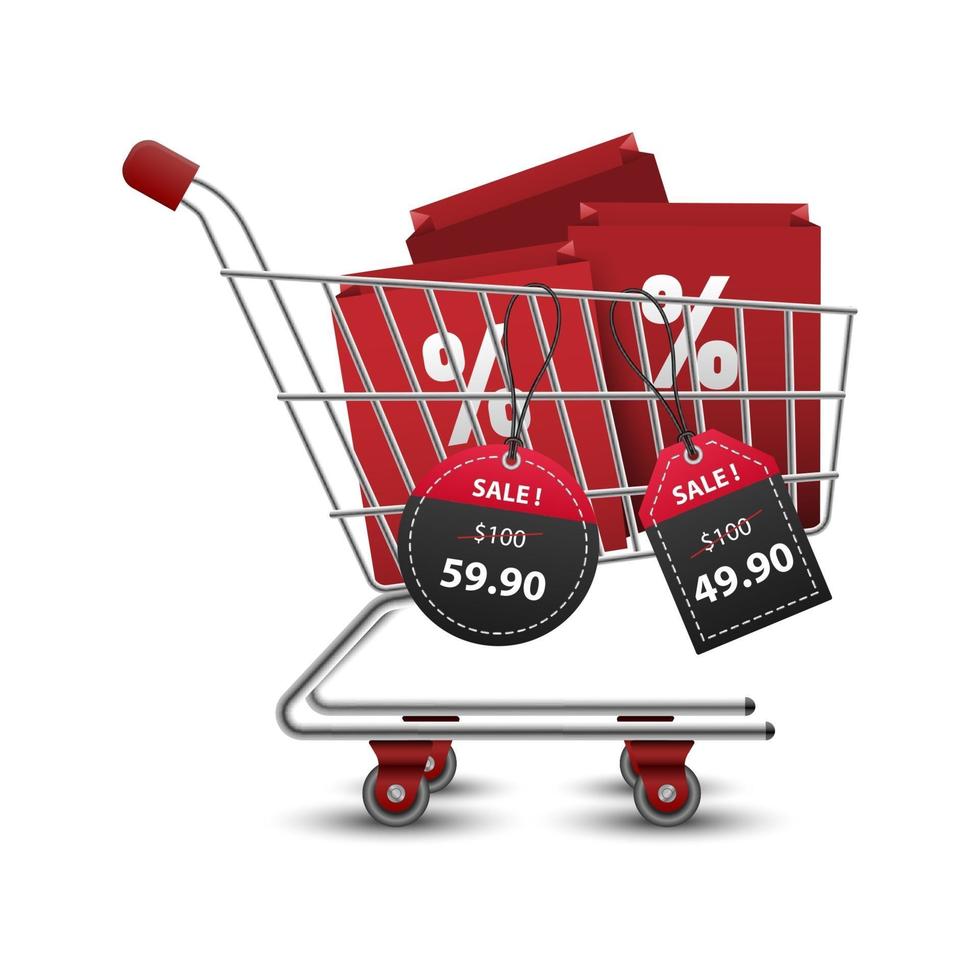 carrelli della spesa pieni di borse della spesa con 3d cartellini dei prezzi di carta rossa e nera vendita, illustrazione vettoriale
