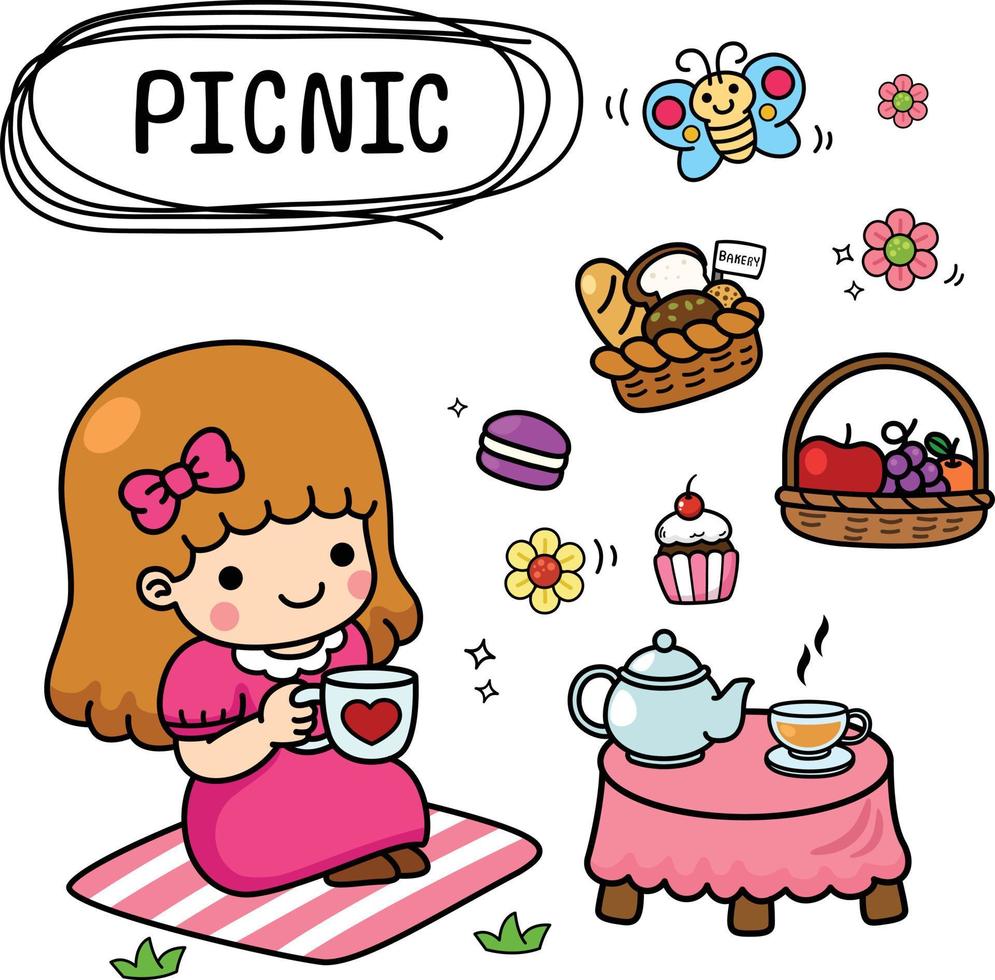 illustrazione isolato impostato cartone animato ragazzo ragazza picnic su il parco vettore