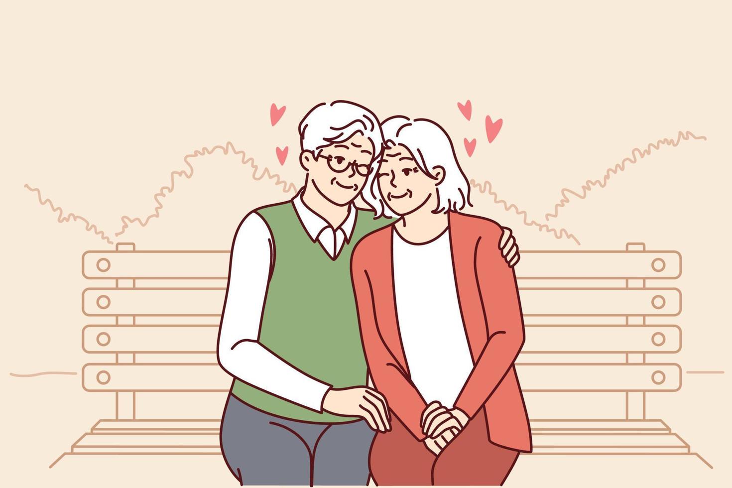 anziano coppia nel amore si siede su parco panchina abbracciare e godendo contento famiglia vita. relazione fra anziano uomo e donna nel amore seduta abbracciare e avendo divertimento a partire dal la pensione. vettore