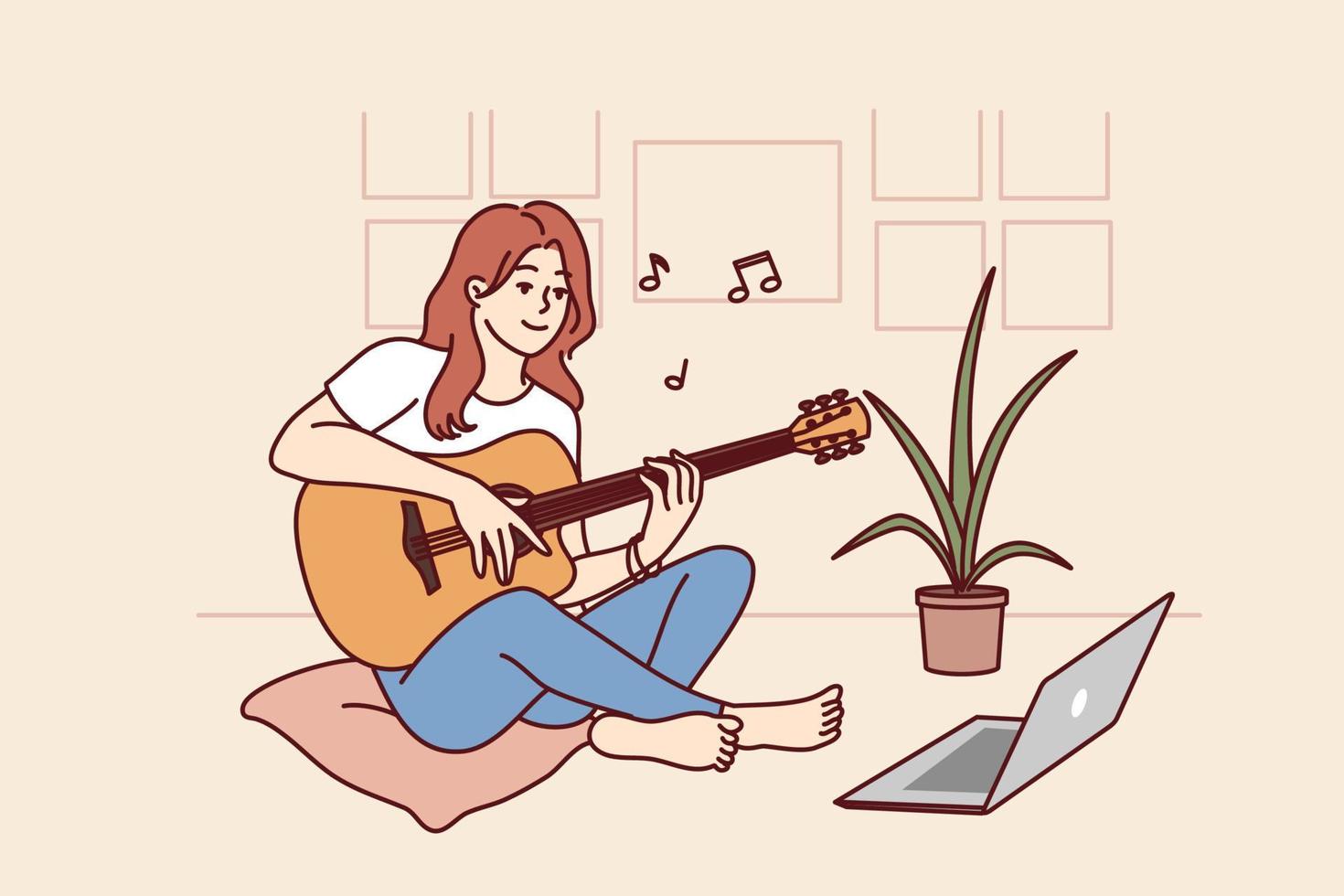 donna giochi chitarra seduta nel davanti di il computer portatile e prende musicale abilità a partire dal Guardando video lezione su Internet. ragazza gode musicale passatempo e prestazione di popolare composizioni su chitarra vettore