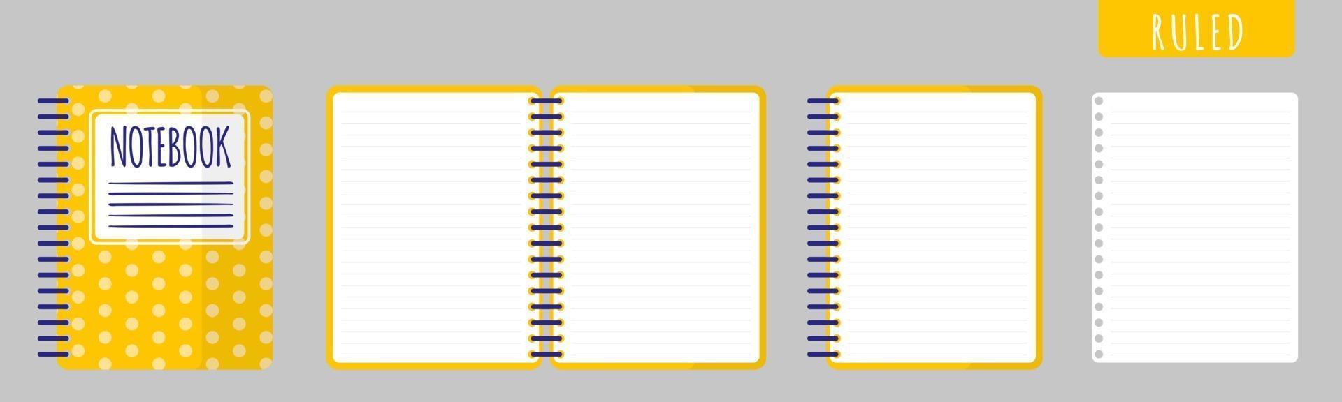 illustrazione di cartone animato vettoriale con taccuino a righe, taccuino aperto e fogli bianchi su sfondo bianco.