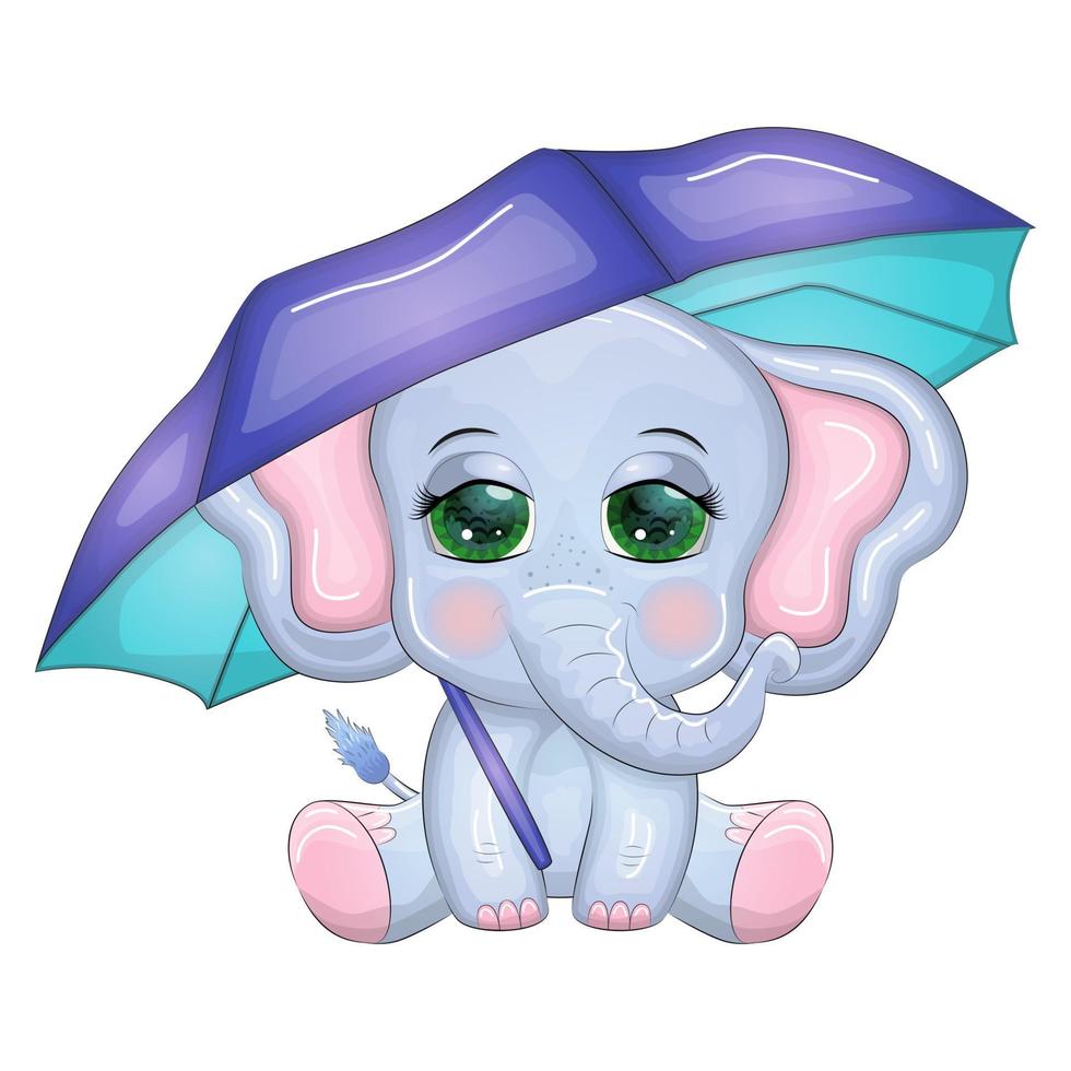 carino cartone animato elefante, infantile personaggio con bellissimo occhi con ombrello, autunno vettore