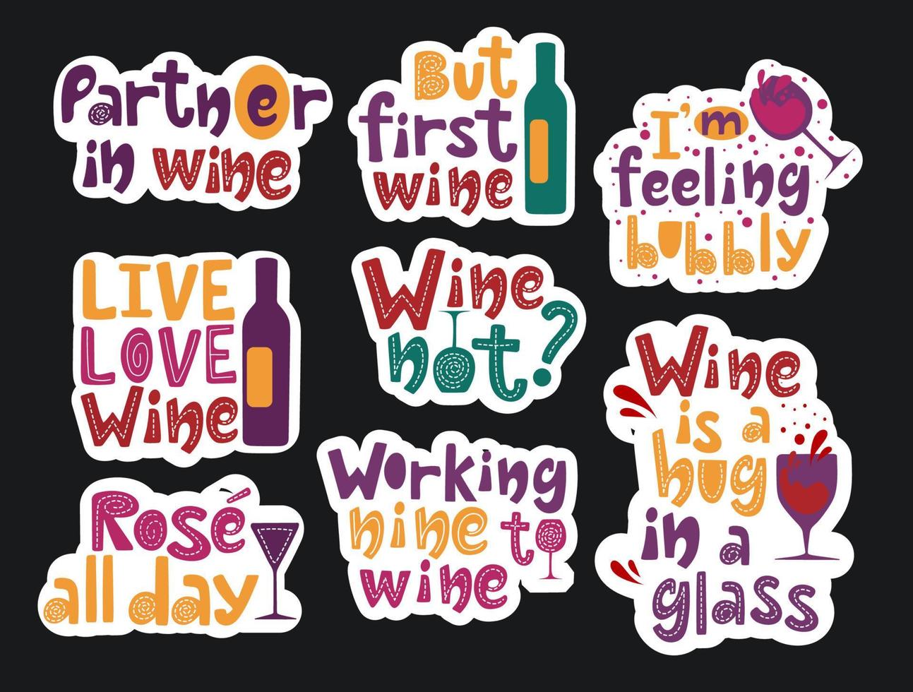 etichetta imballare di lettering di vino. compagno nel vino, vino non, ma primo vino, rosa tutti giorno. divertente disegnato a mano vettore design.