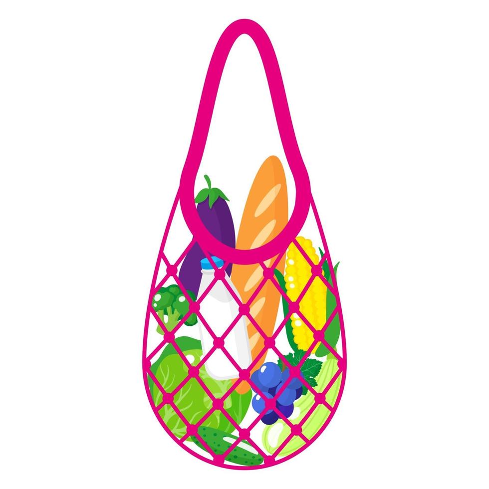 Vector cartoon illustrazione di rosa drogheria borsa stringa o tartaruga borsa a rete con cibo sano isolato su sfondo bianco
