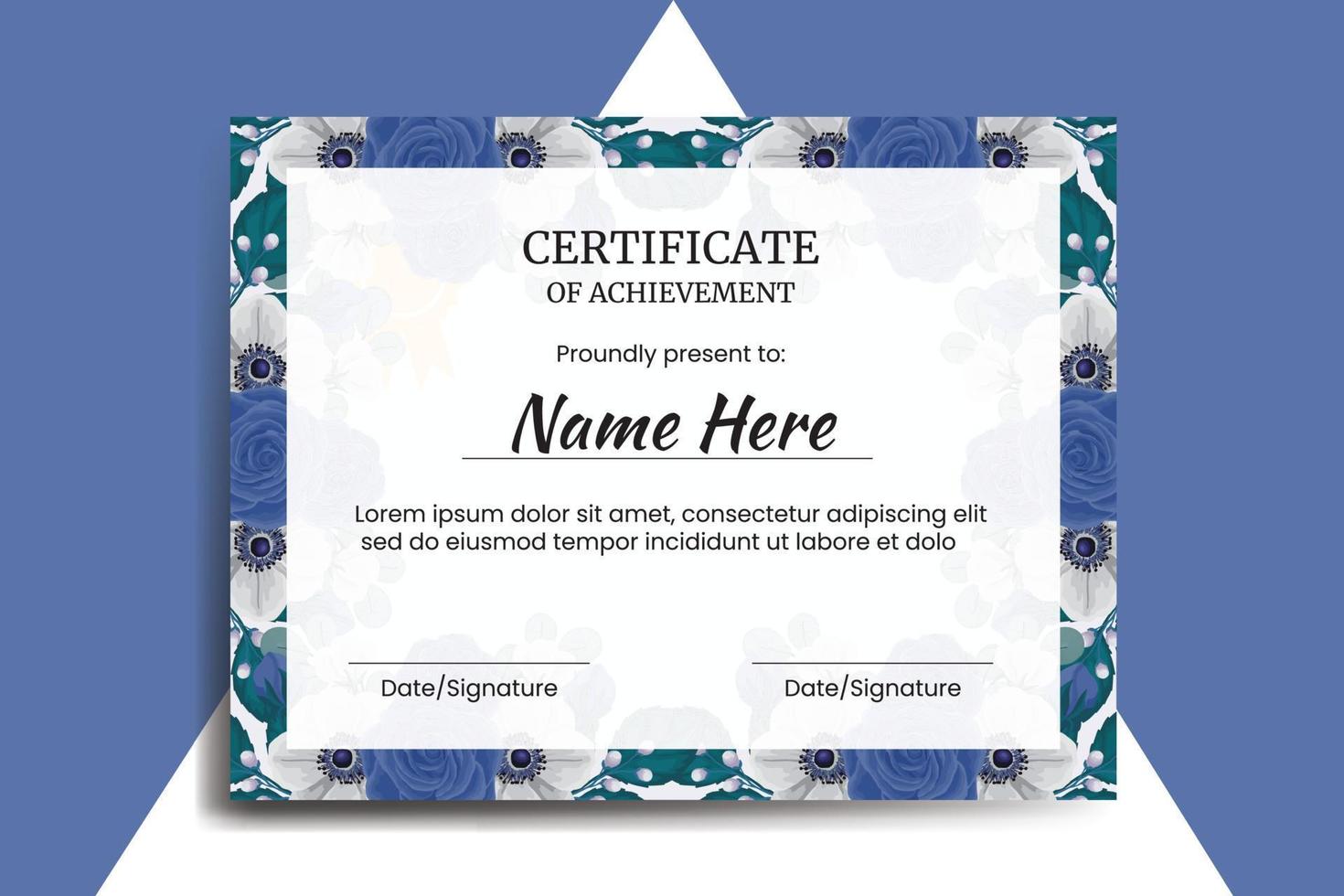 certificato modello blu rosa fiore acquerello digitale mano disegnato vettore