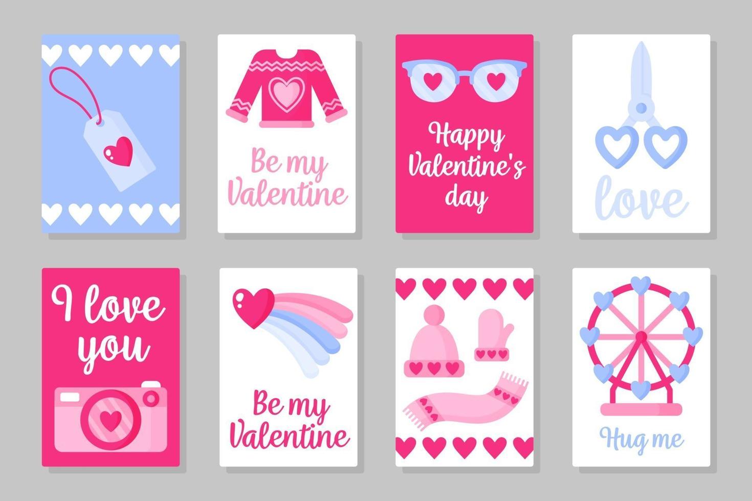 set di carte colorate rosa, bianche e blu per San Valentino o matrimonio. design piatto vettoriale isolato su sfondo grigio