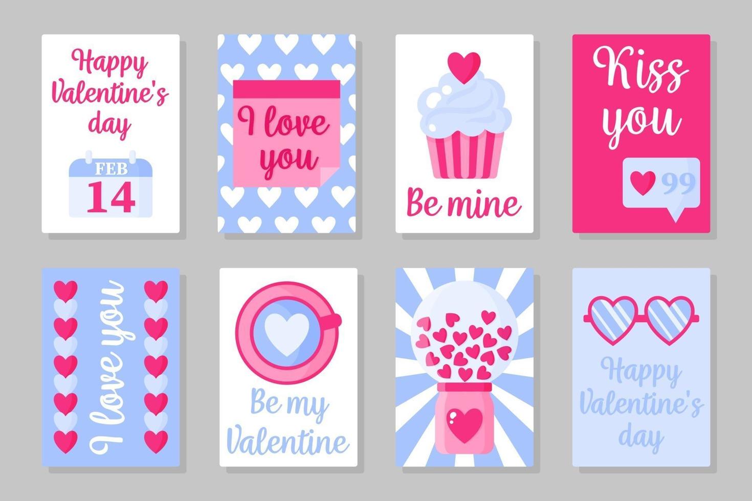 set di carte colorate rosa, bianche e blu per San Valentino o matrimonio. design piatto vettoriale isolato su sfondo grigio