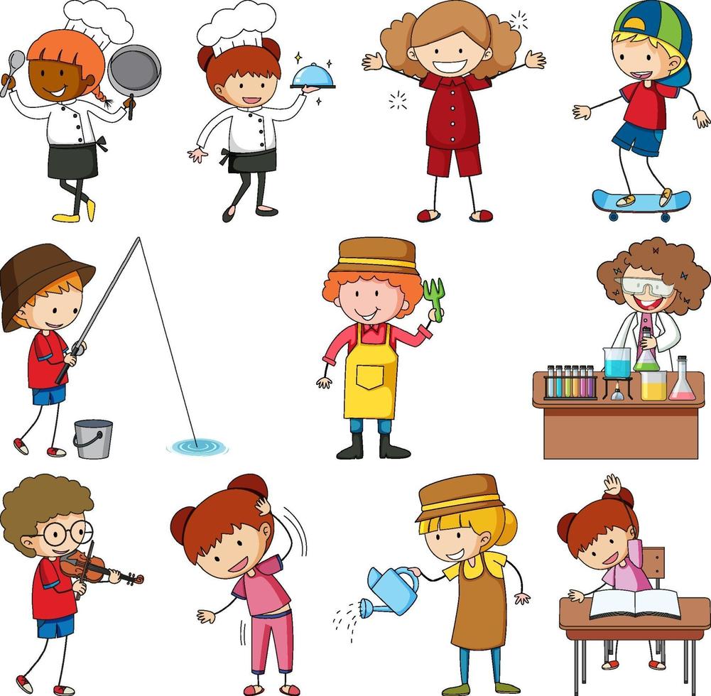 set di diversi doodle kids personaggio dei cartoni animati isolato vettore