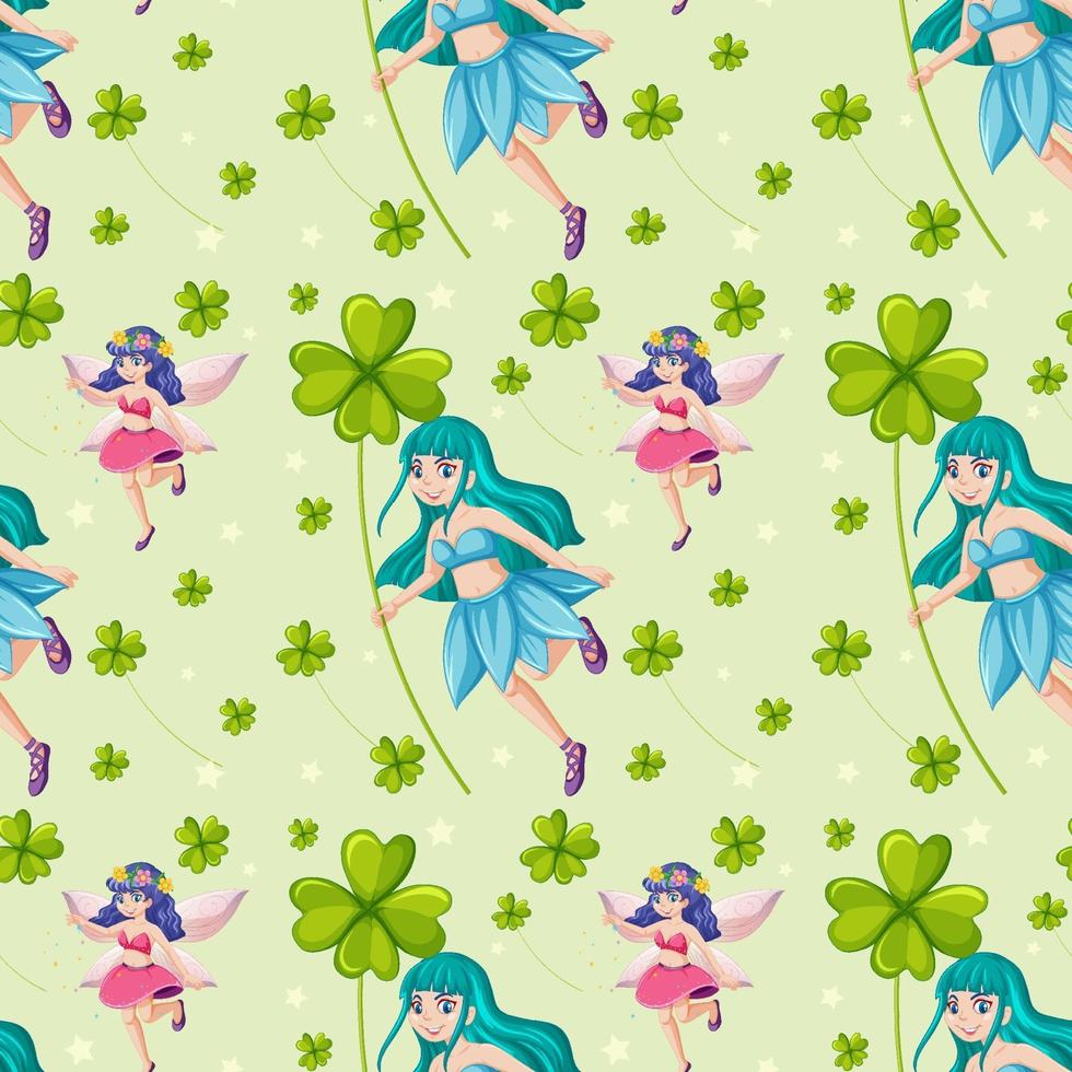 seamless pattern fata con foglie di trifoglio vettore