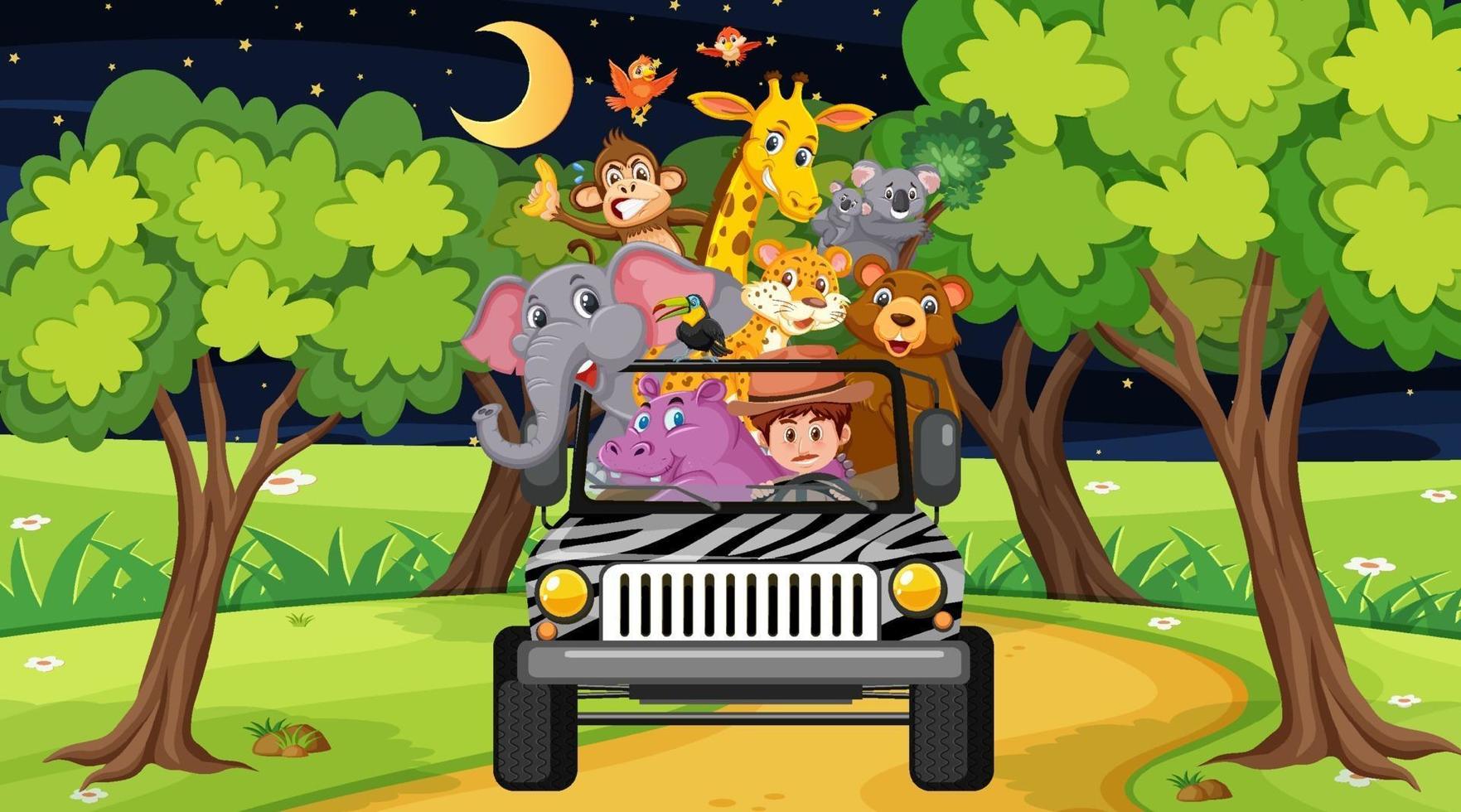 concetto di zoo con gruppo di animali selvatici nell'auto jeep vettore