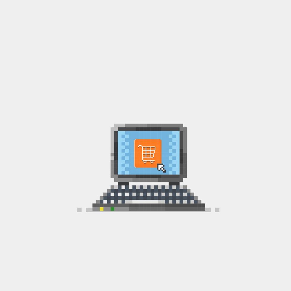 il computer portatile con pulsante negozio nel pixel arte stile vettore