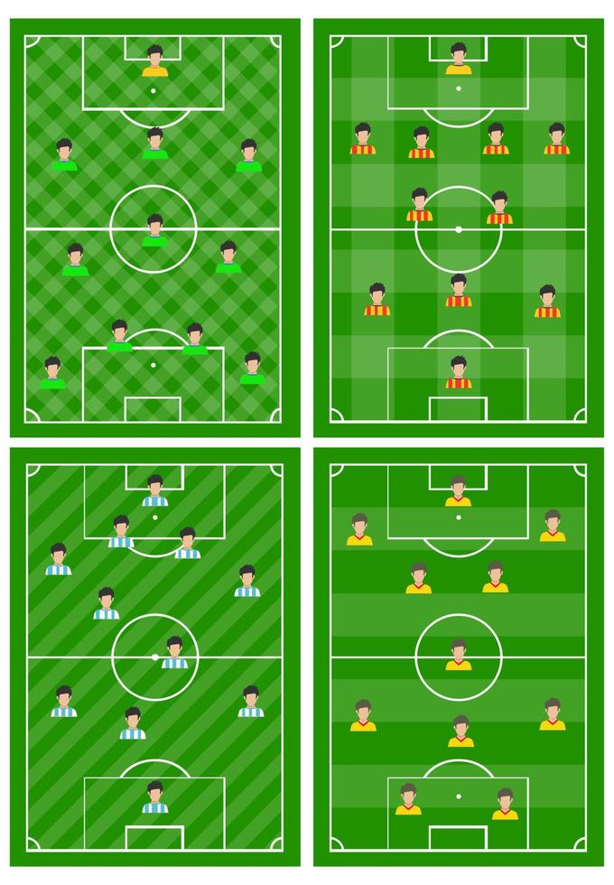 impostato di quattro calcio i campi con un' diverso schema di Giocatori su il campo. calcio campo per giocando. vettore illustrazione