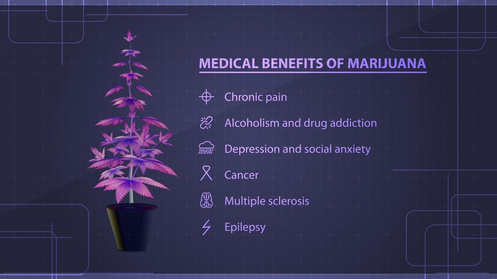 benefici medici della marijuana, poster con cespuglio di marijuana digitale rosa con infografica con benefici medici vettore