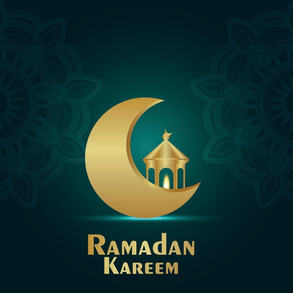 biglietto di auguri di invito islamico di ramadan kareem con lanterna dorata e luna realistiche vettore