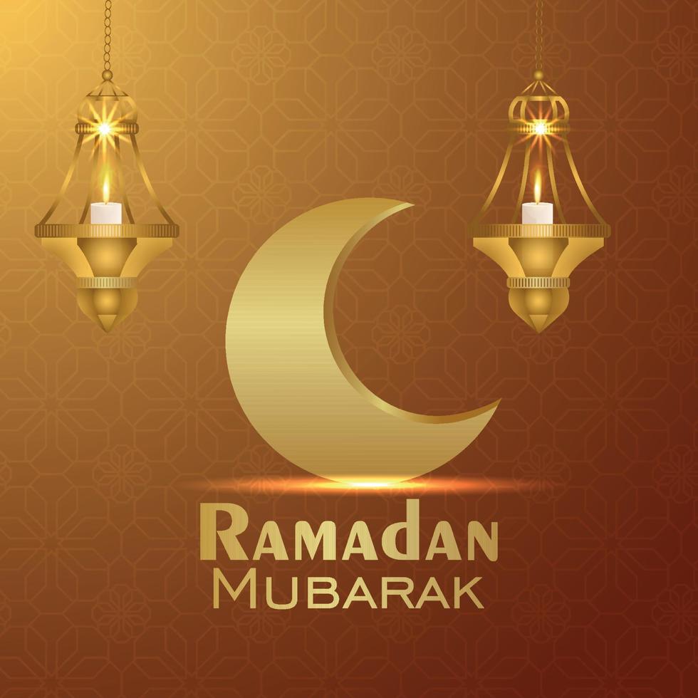 biglietto di auguri di celebrazione del ramadan kareem con illustrazione vettoriale di luna dorata e lanterna realistica