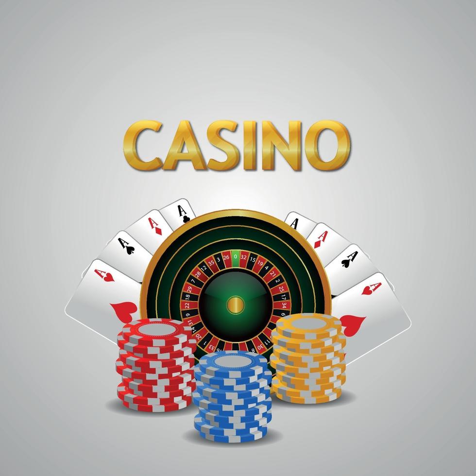 biglietto di auguri invito casinò con roulette creativa illustrazione vettoriale con fiches del casinò e carta da gioco