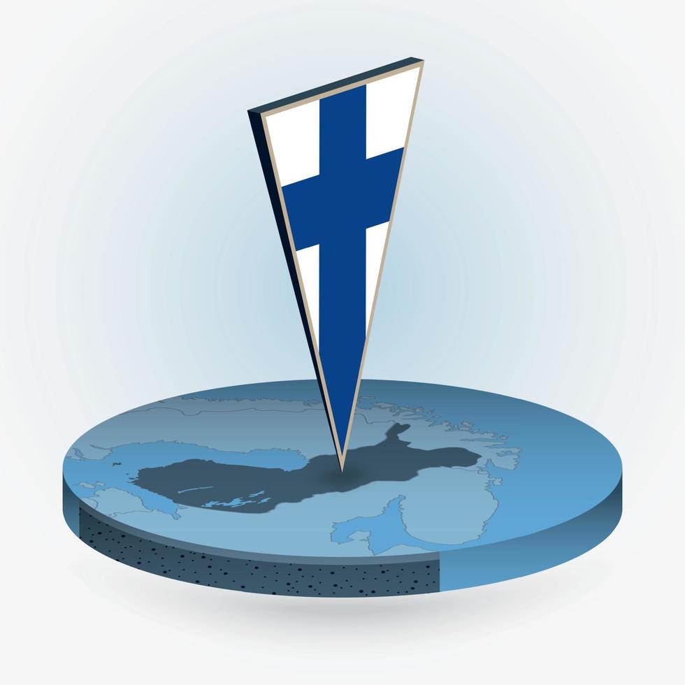 Finlandia carta geografica nel il giro isometrico stile con triangolare 3d bandiera di Finlandia vettore