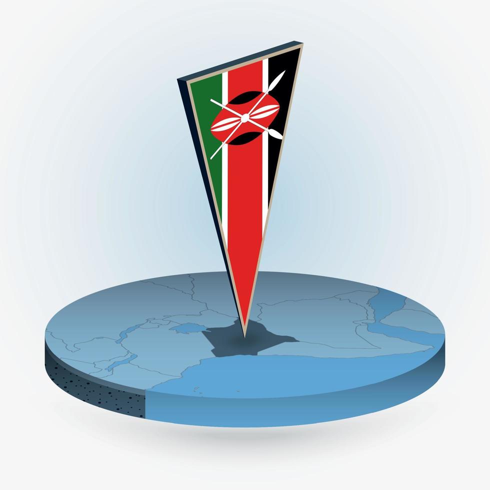 Kenia carta geografica nel il giro isometrico stile con triangolare 3d bandiera di Kenia vettore