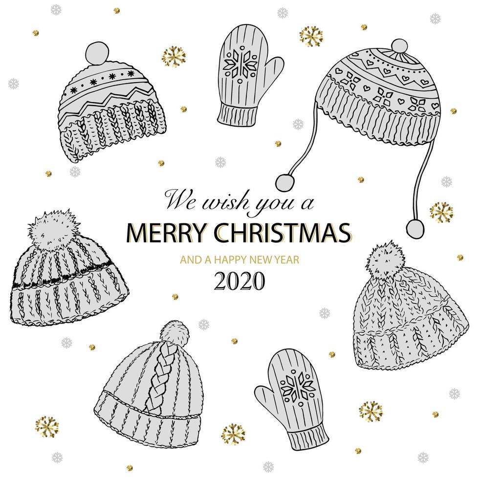 vi auguriamo un buon natale scritto con carattere elegante e decorato da cappello di lana lavorata a maglia e fiocchi di neve dorati. illustrazione vettoriale per biglietto di auguri festivo.