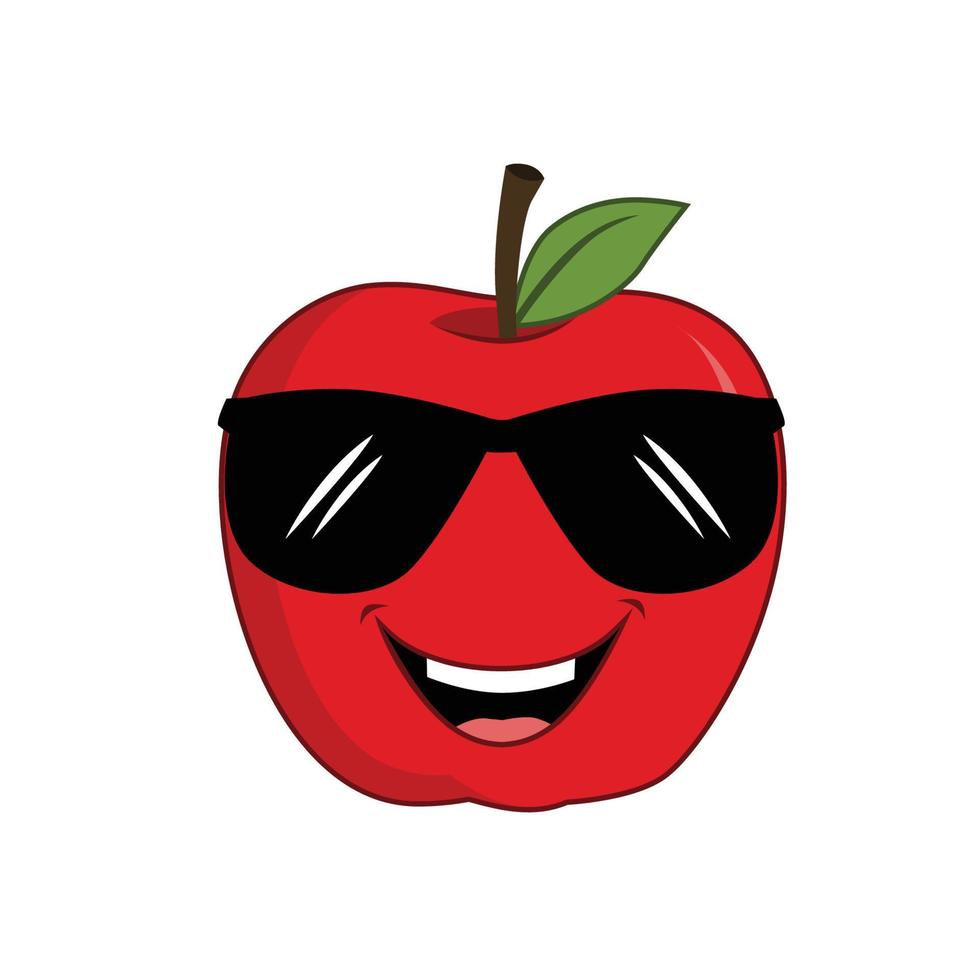 Mela frutta personaggio cartone animato sorridente e indossare occhiali. adatto per manifesto, striscione, ragnatela, icona, mascotte, sfondo vettore