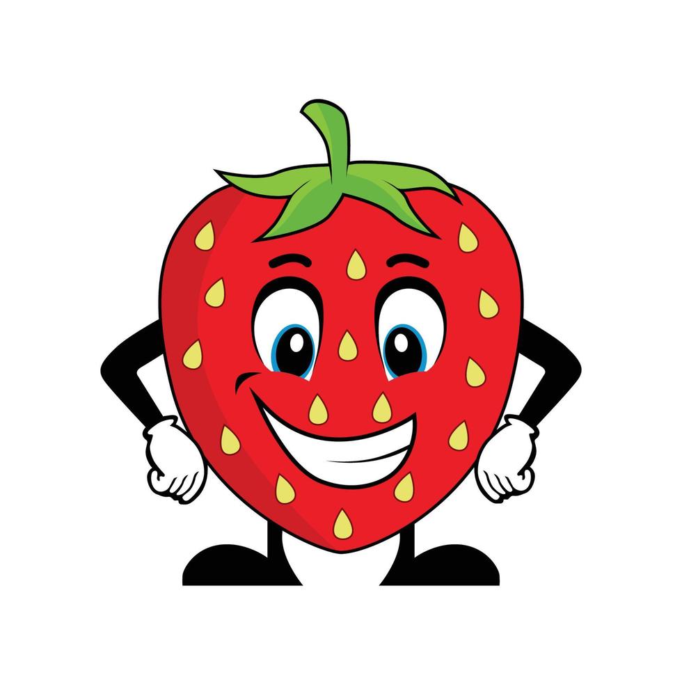 sorridente fragola frutta personaggio cartone animato con braccia su fianchi. adatto per manifesto, striscione, ragnatela, icona, mascotte, sfondo vettore