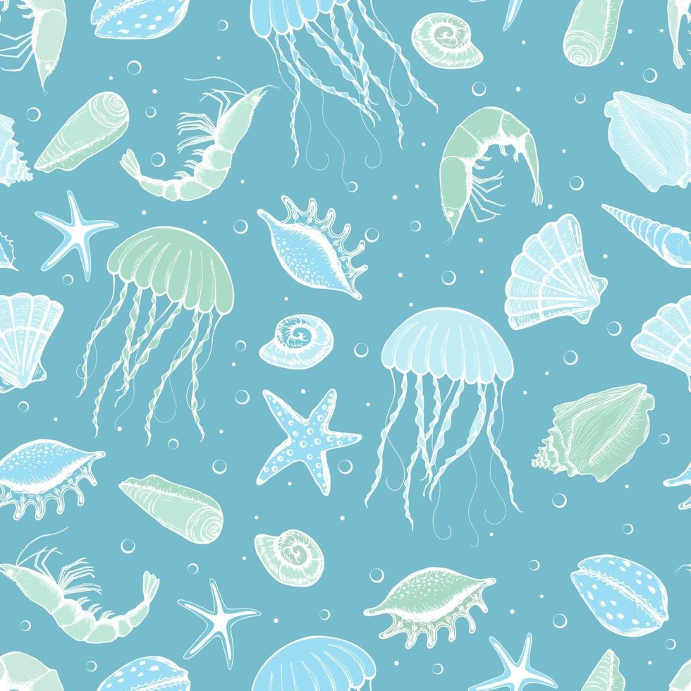 collezione di conchiglie, stelle, meduse e gamberetti disegnati a mano senza soluzione di continuità. illustrazione marina di molluschi oceanici. ideale per tessile, confezionamento, carta da parati. vettore