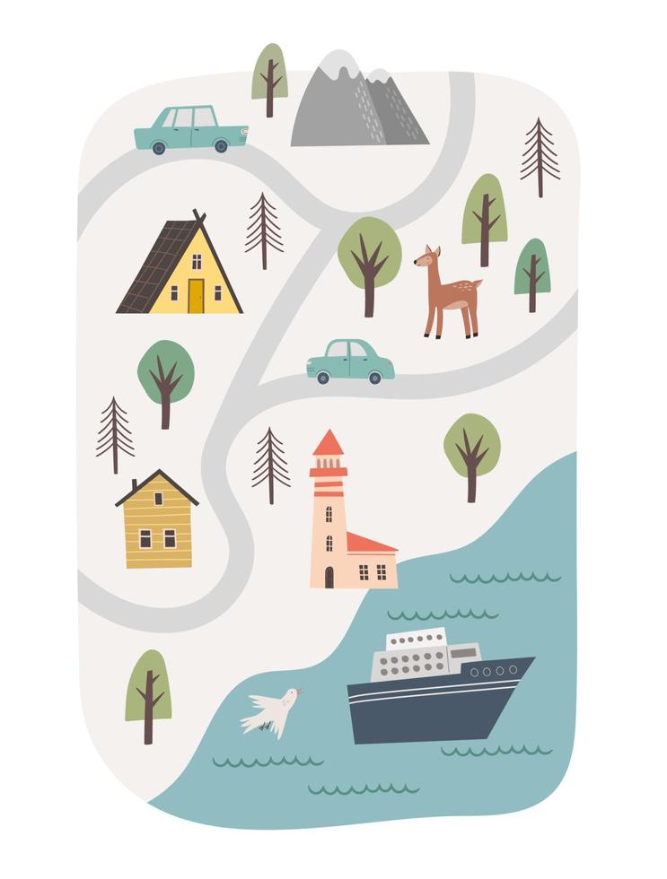 carino cittadina carta geografica e mare per bambini design. mano disegnato vettore manifesto. bambino illustrazione con cartone animato strade, natura, campeggio, foresta, montagna e animali. asilo concetto per biancheria da letto