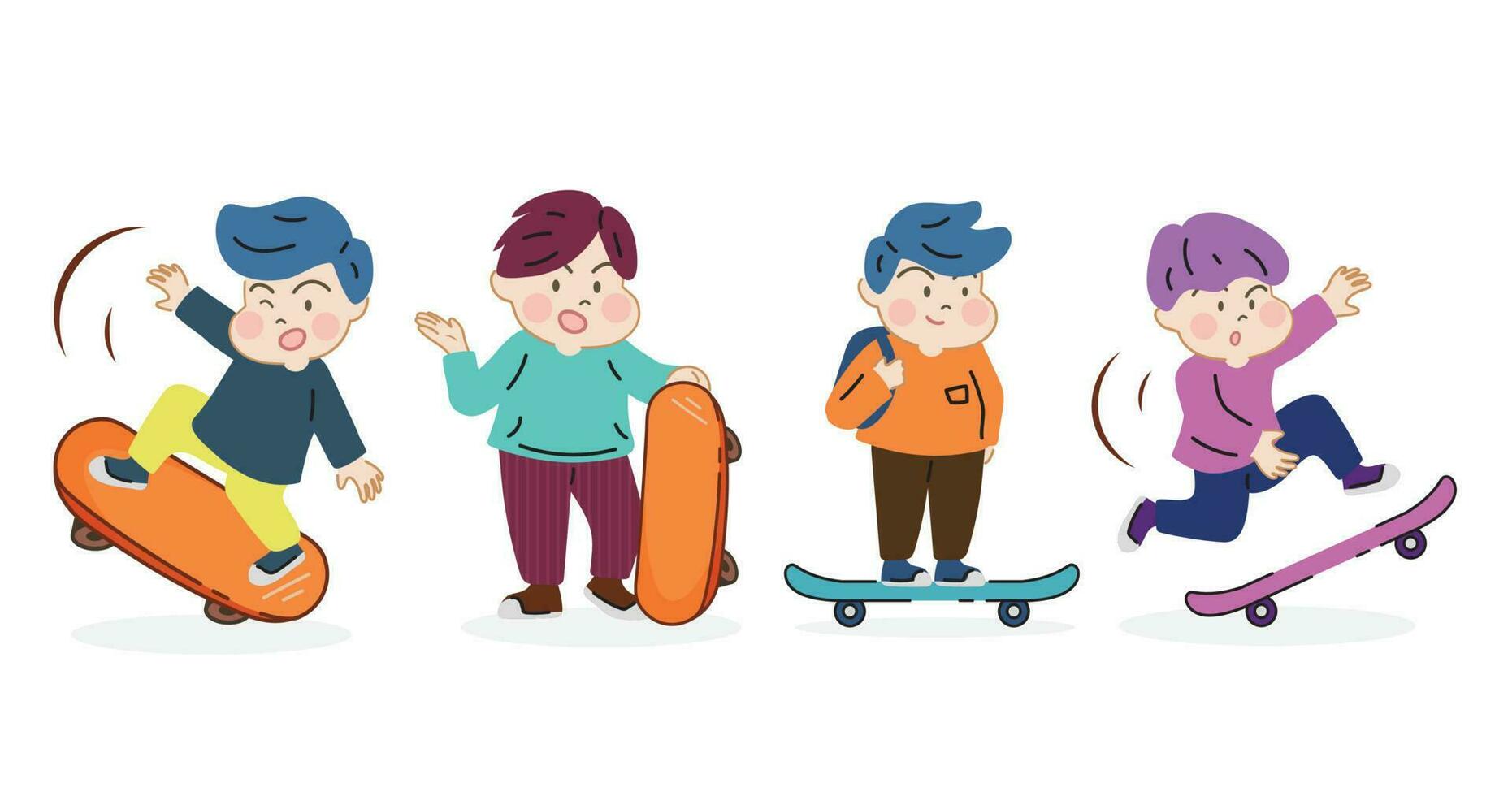 contento carino ragazzo giocando skateboard. cartone animato mano disegnato personaggio vettore isolato su bianca sfondo.
