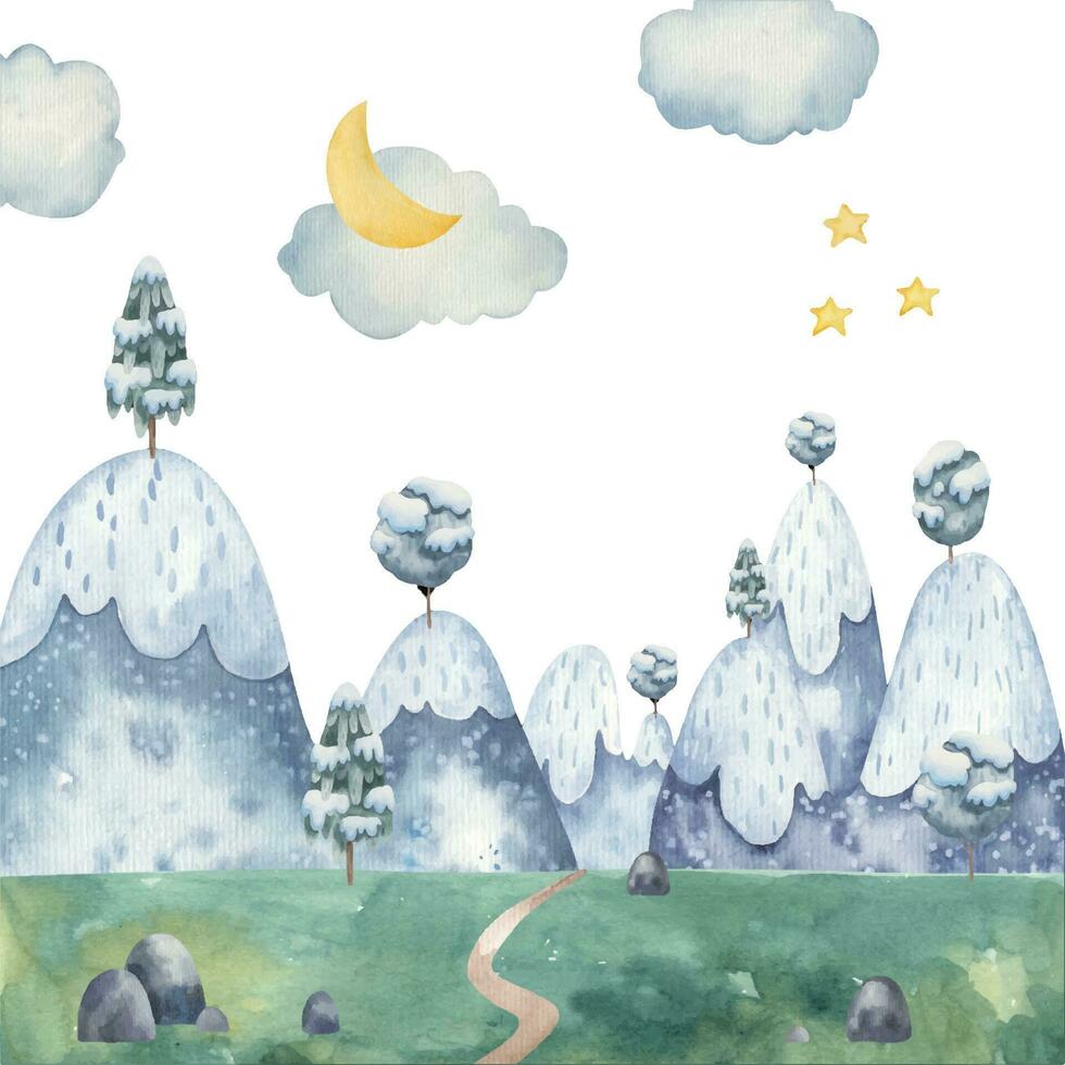 bambini bandiera con inverno alberi su il collina, montagna paesaggio, acquerello illustrazione.eps vettore