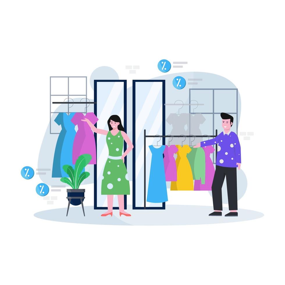 illustrazione vettoriale piatta di un negozio di abbigliamento e boutique con persone che si occupano di acquistare vestiti e accessori