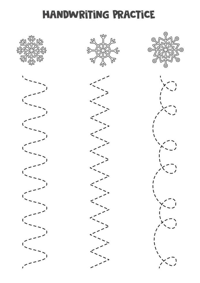 tracciare linee con fiocchi di neve in bianco e nero. Pratica di scrittura. vettore